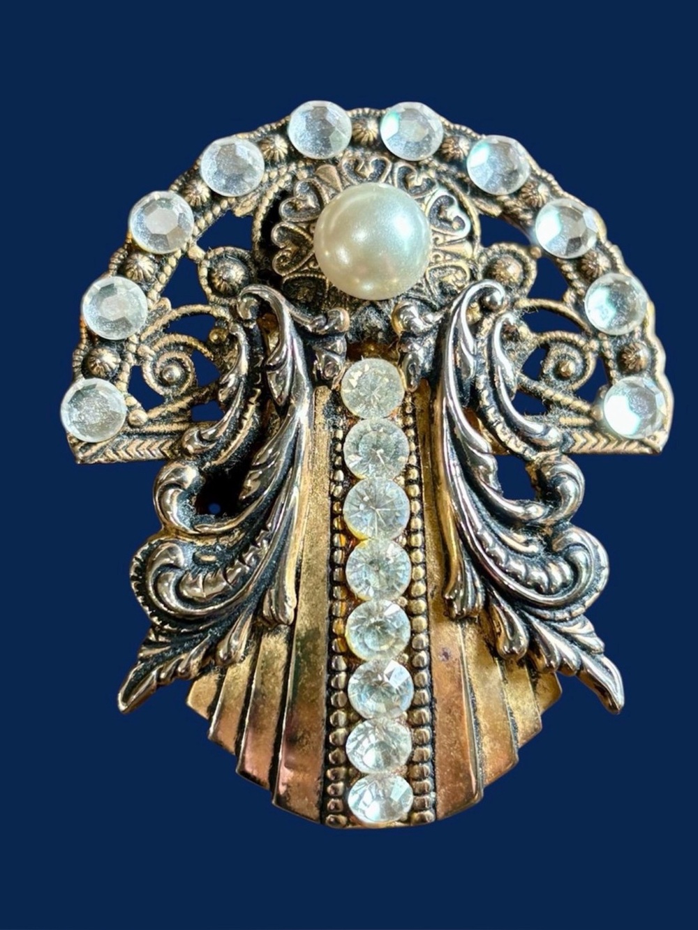 Spectacular Vintage Gold Tone Pearl & Crystal Angel Brooch signed by artist 1998